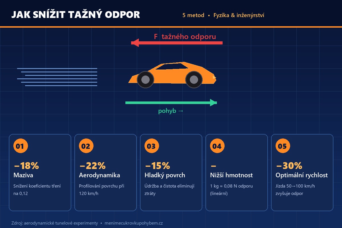 Tažný odpor: 5 způsobů, jak ho snížit pomocí tření (2026) 2 Infografika: 5 metod snížení tažného odporu — maziva, aerodynamika, povrch, hmotnost, rychlost