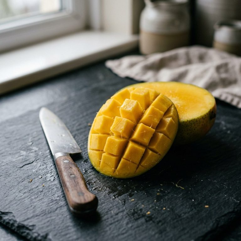 Detailní záběr na rozpůlené mango nakrájené na kostičky na tmavé břidlicové desce vedle kuchyňského nože.