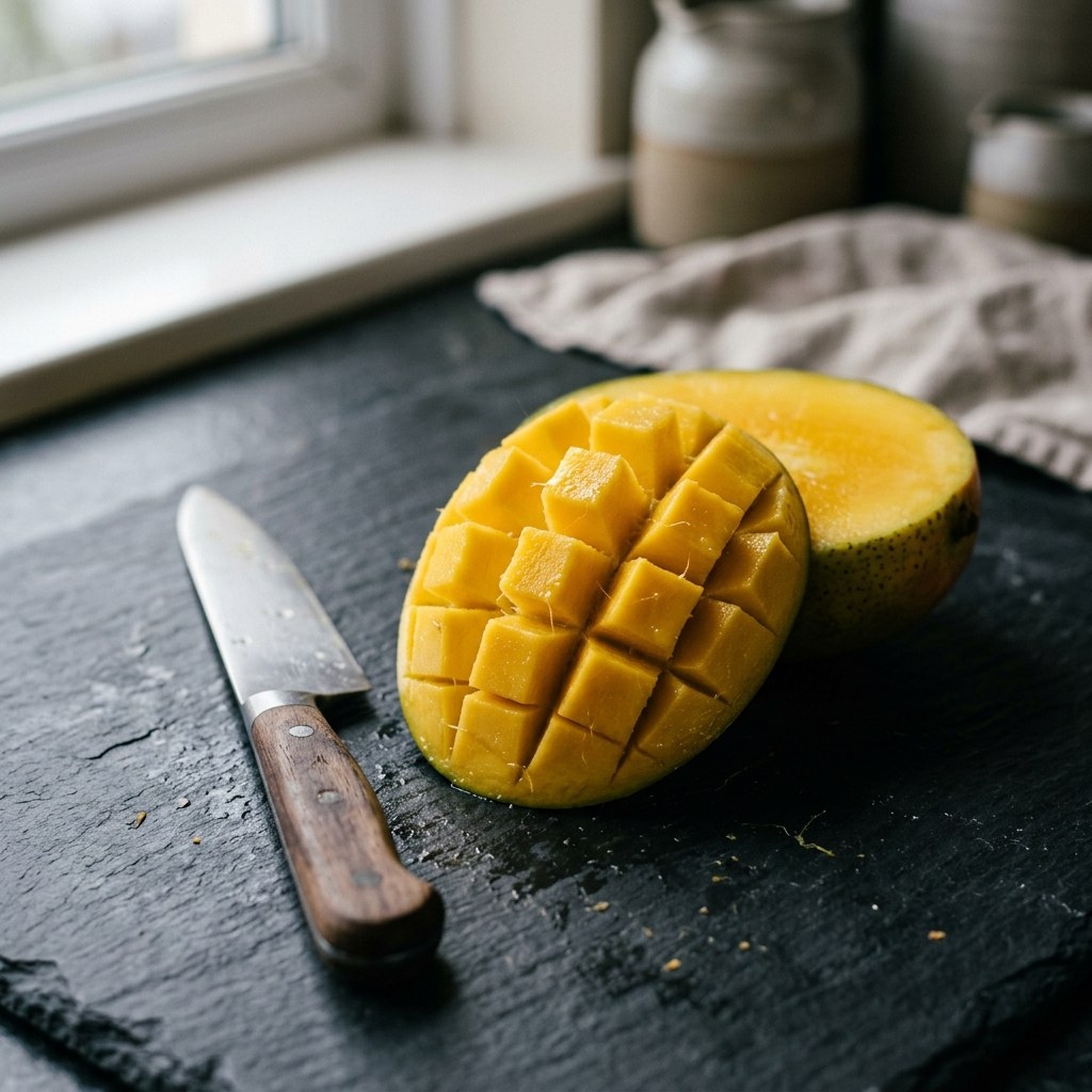 Detailní záběr na rozpůlené mango nakrájené na kostičky na tmavé břidlicové desce vedle kuchyňského nože.