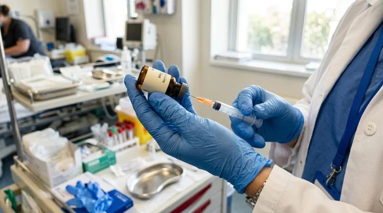 Doktor připravující injekci na uvolnění zad při akutní bolesti