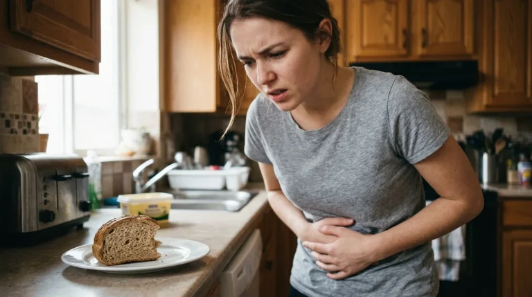 Žena s bolestí břicha v kuchyni - první příznaky celiakie