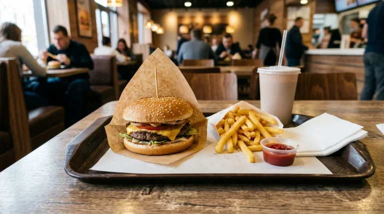 Bezlepkový burger z fast foodu s hranolky na tácu