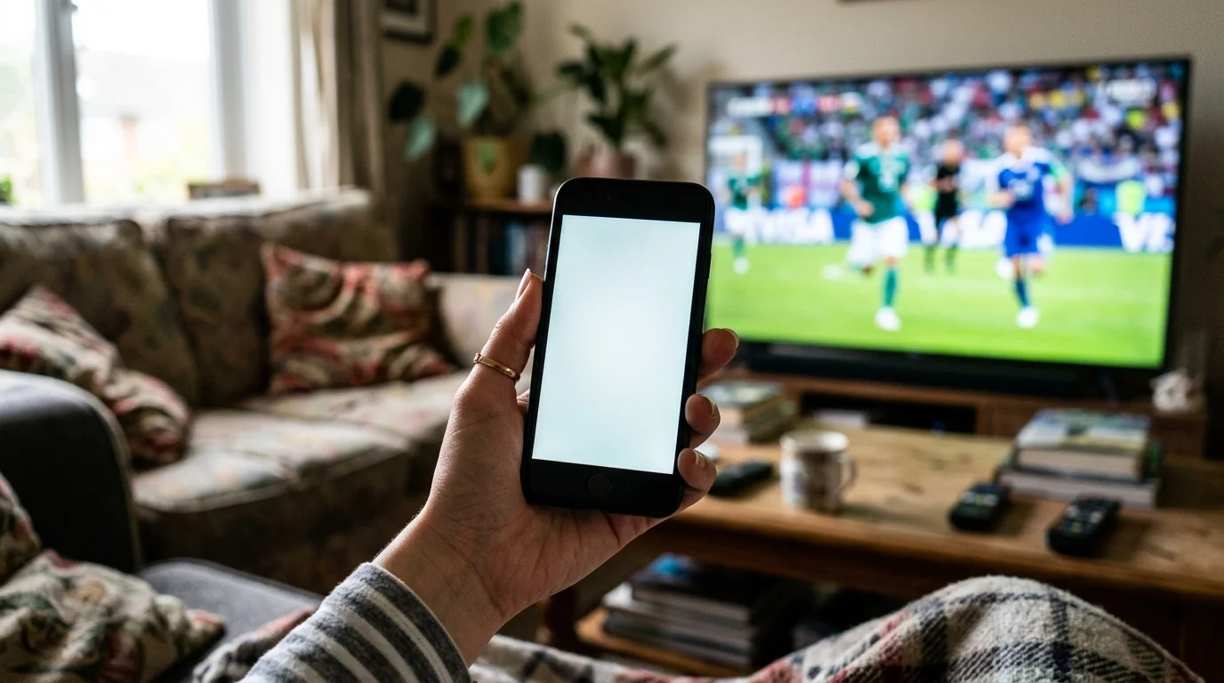 Mobilní telefon v ruce zobrazující sportovní výsledky s fotbalovým zápasem v televizi v pozadí.