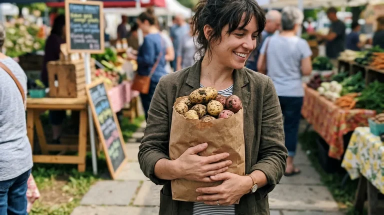Papírová taška s čerstvými bramborami na farmářském trhu