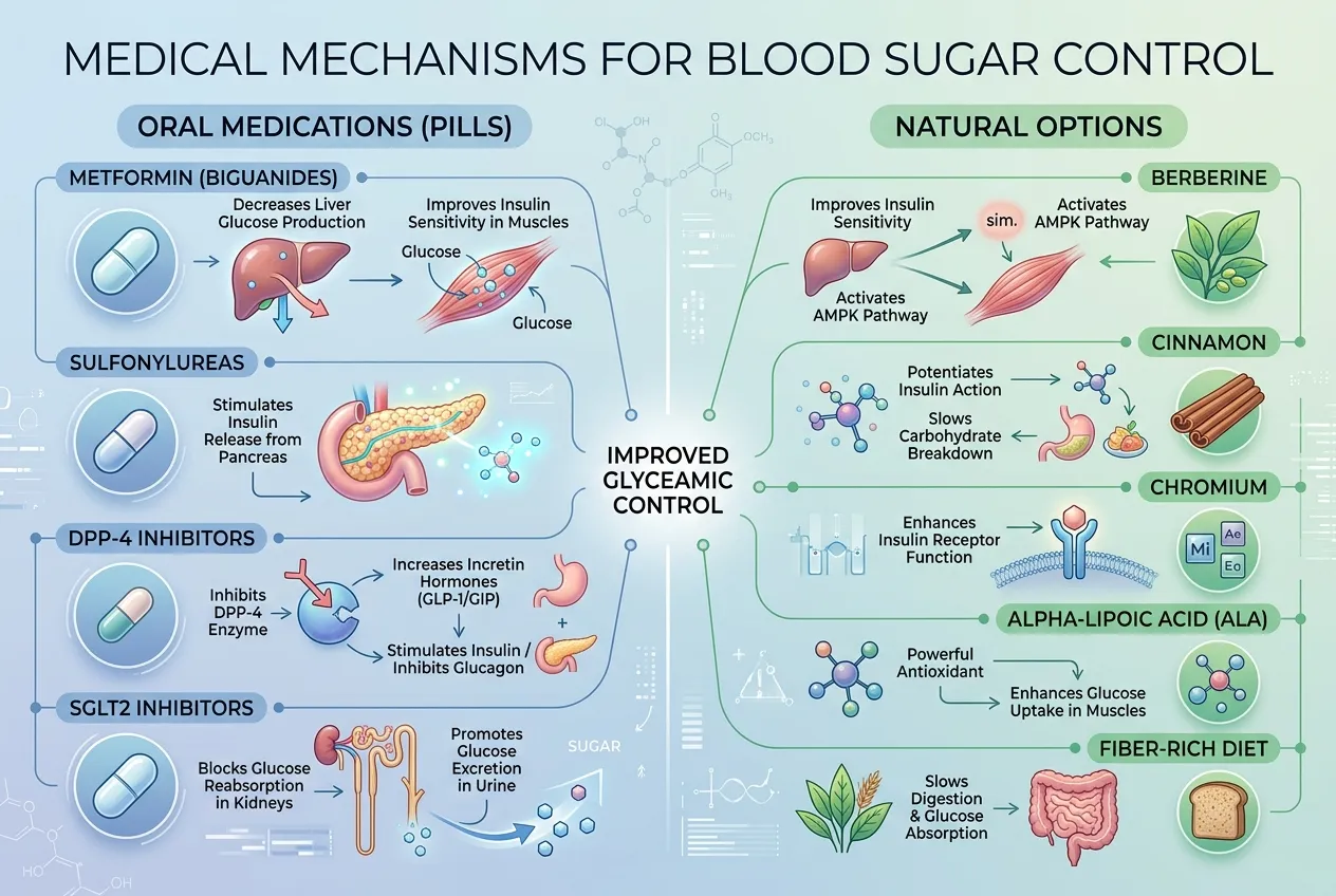 Srovnávací infografika účinků SGLT2 inhibitorů, DPP-4 inhibitorů a berberinu pro regulaci glykémie