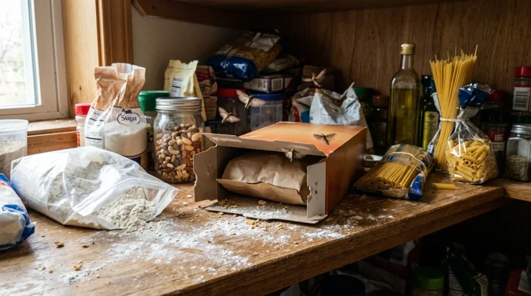 Pohled do neuklizené spíže s rozsypanou moukou a poletujícími potravinovými moly.
