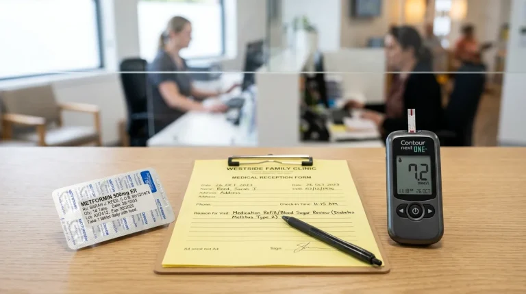 Blistr s léky na cukrovku na předpis položený vedle recepčního formuláře a glukometru