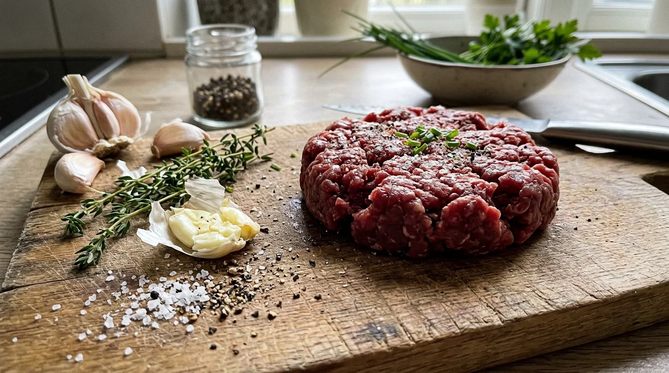 Syrové hovězí maso na tatarák na dřevěném prkénku