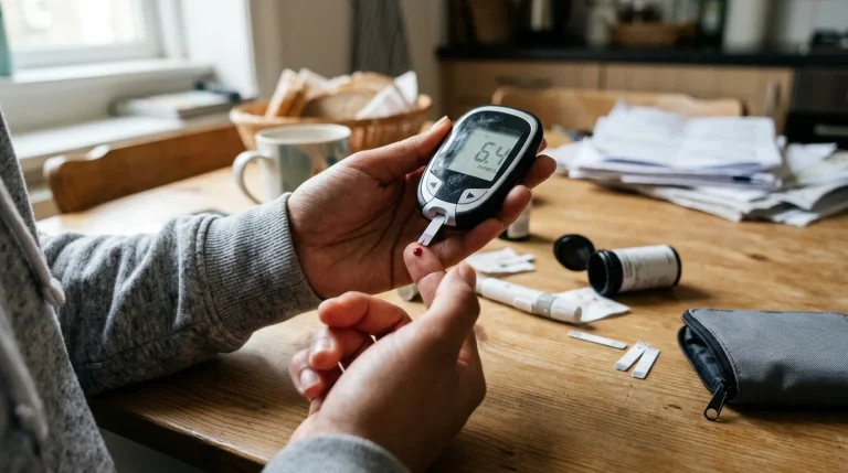 Osoba měřící si hladinu cukru v krvi pomocí glukometru