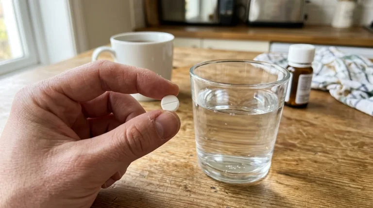 Lék Metformin a sklenice vody na stole