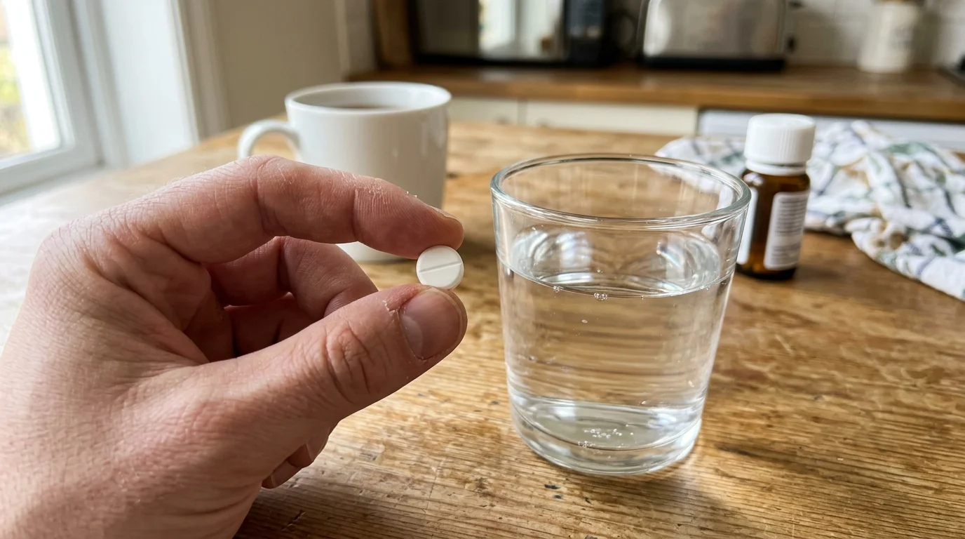 Lék Metformin a sklenice vody na stole