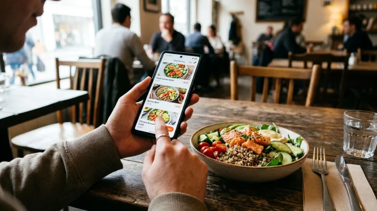 Někdo používá chytrý telefon k online objednání zdravé stravy.