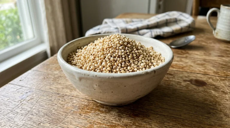 Pufovaná quinoa v jednoduché keramické misce na stole