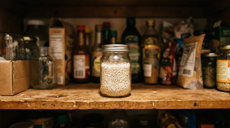 Pufovaná quinoa ve sklenici na polici ve spíži