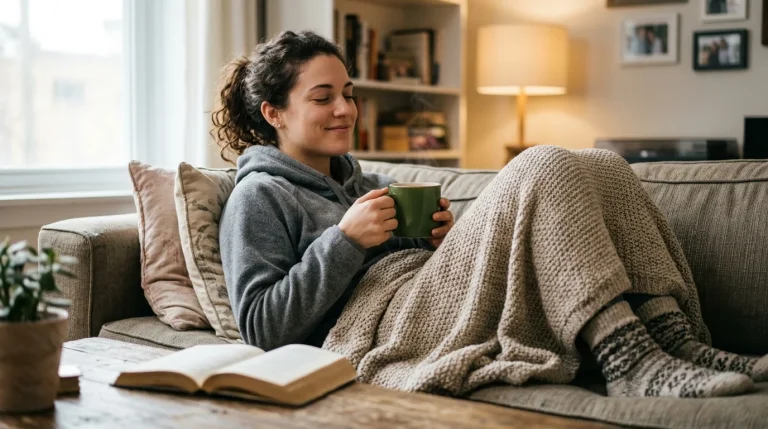 žena relaxuje doma s čajem a dekou po infuzi aclasta
