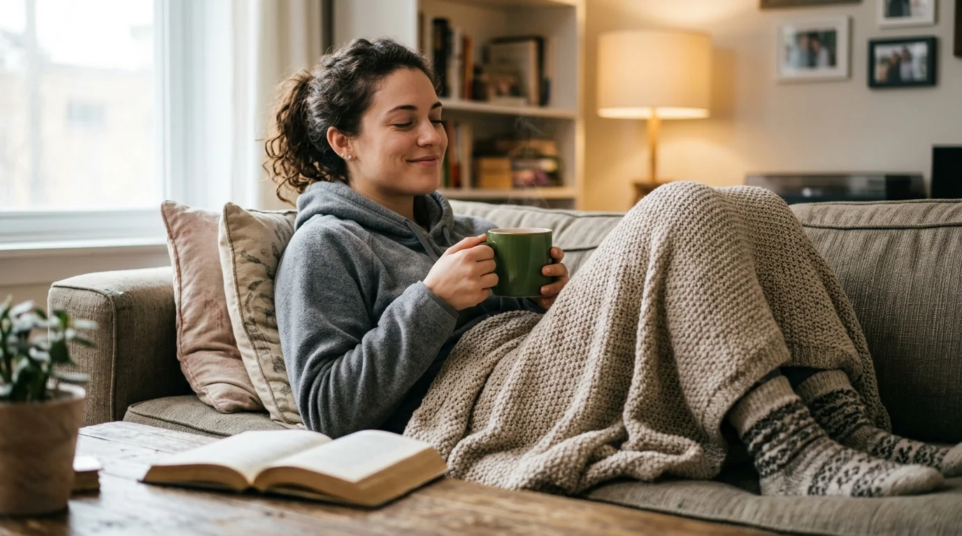 žena relaxuje doma s čajem a dekou po infuzi aclasta