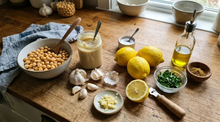 Suroviny pro domácí hummus jako cizrna, tahini, česnek a citron