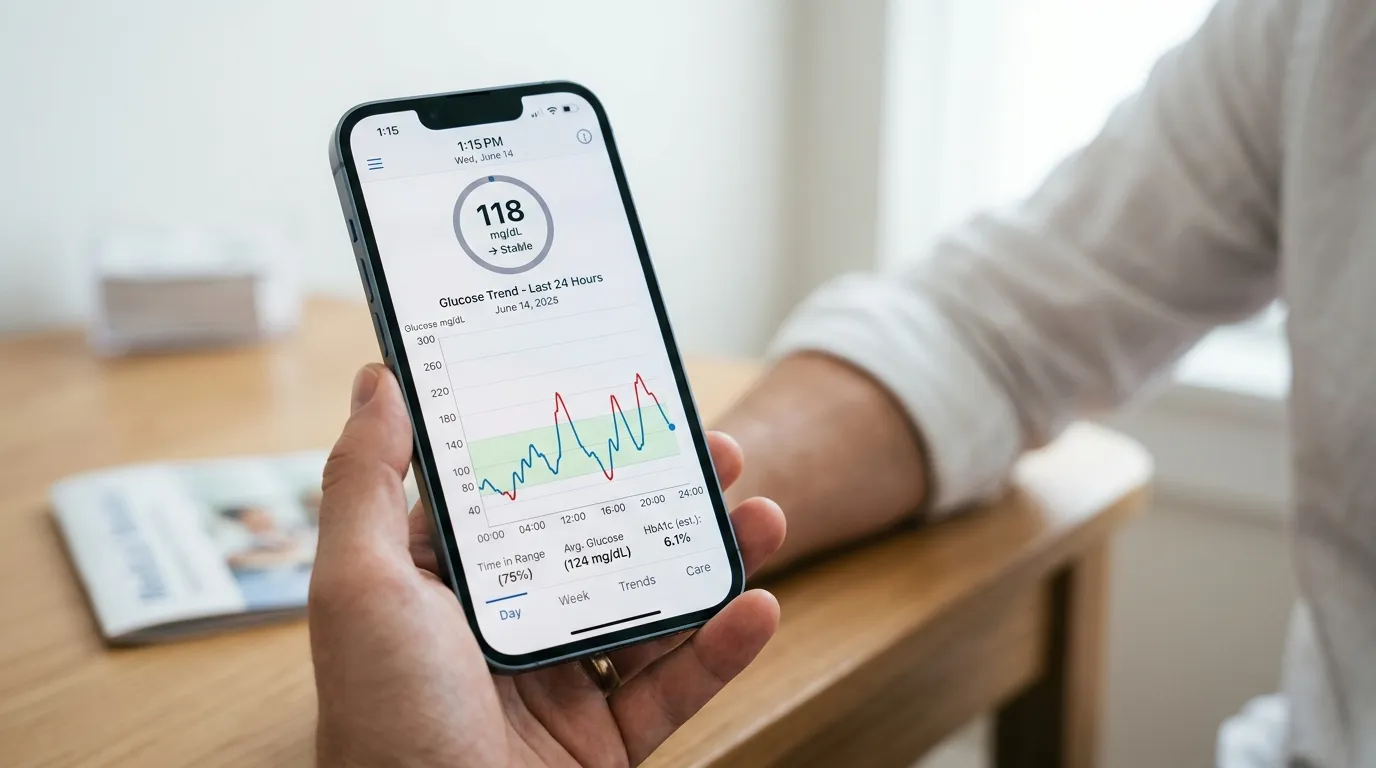 Detail displeje mobilního telefonu s grafem monitoringu diabetu