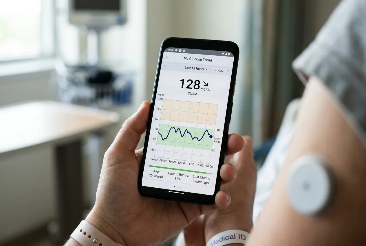Detail displeje mobilního telefonu s grafem monitoringu diabetu