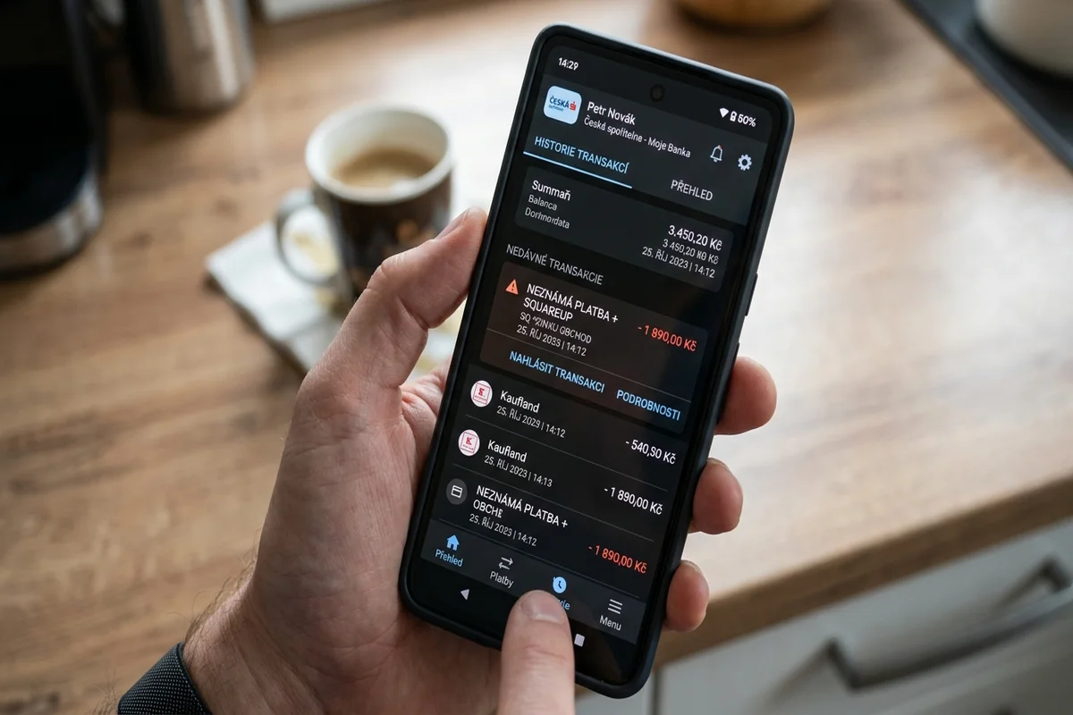 Co znamená platba zinku + squareup na bankovním výpisu? 2 Mobilní telefon s bankovní aplikací zobrazující neznámou platbu zinku + squareup