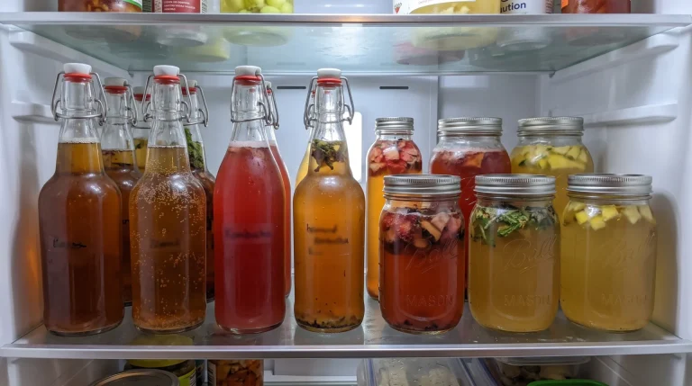 Skleněné lahve a sklenice s domácí fermentovanou kombuchou uložené v chladničce